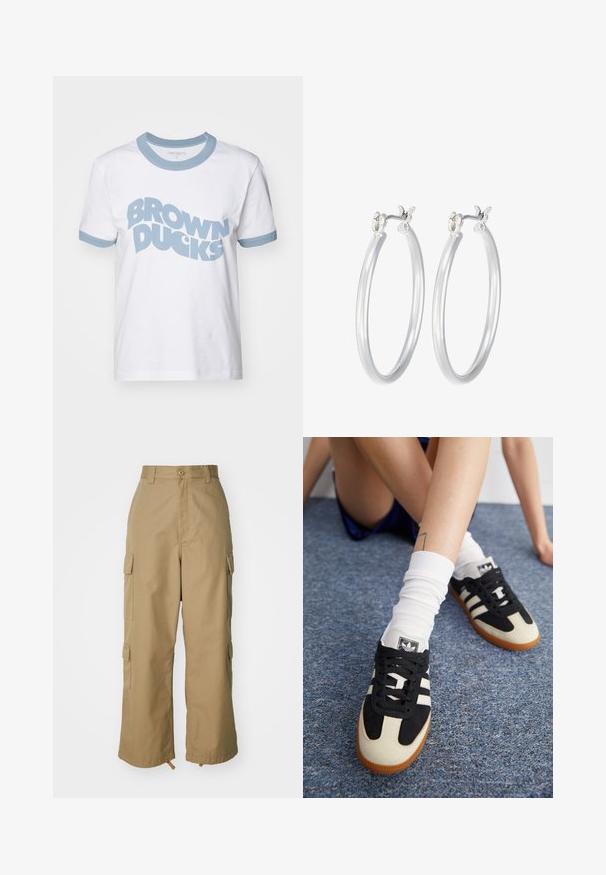 Camiseta de algodón blanca con cuello y puños acanalados en azul claro. Presenta un llamativo texto en azul que dice "BROWN DUCKS" en la parte frontal.; Pantalones cargo beige con cintura alta, piernas amplias y cuatro grandes bolsillos laterales. Fabricados con un tejido duradero y una textura suave, con un detalle mínimo.; Zapatillas deportivas en blanco y negro con parte superior de ante y cuero, que presentan tres rayas blancas y una suela de goma. Par usado con calcetines blancos.; Pendientes de aro de plata con un acabado liso y pulido. Forma redonda y cierre de click seguro. Diseño ligero adecuado para el uso diario.