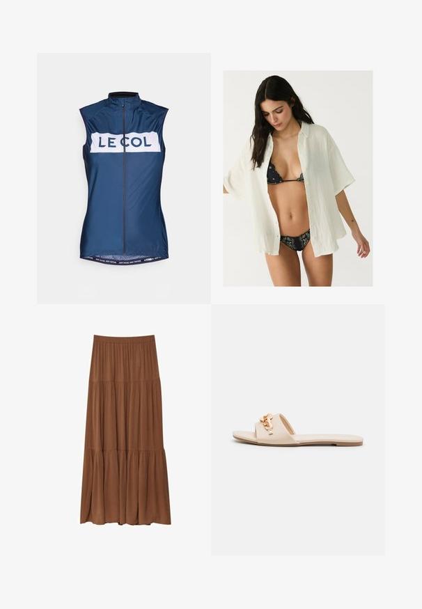Bezramenná cyklistická vesta v navy, která má bílý pás s brandingem "LE COL". Vyrobena z lehkého materiálu s plným předním zipem.; Bílá, oversize košile s knoflíky vyrobená z texturované tkaniny, nošená rozepnutá přes černý vzorovaný bikiny. Krátké rukávy a uvolněný střih.; Dlouhá, patrová sukně v bohaté hnědé barvě, vyrobená z lehkého materiálu. Disponuje elastickým pasem a volným střihem pro snadný pohyb.; Béžové sklouzávací sandály s otevřenou špičkou, plochou podrážkou a dekorativními kovovými řetězovými detaily na pásku. Hladký materiál s minimální strukturou.