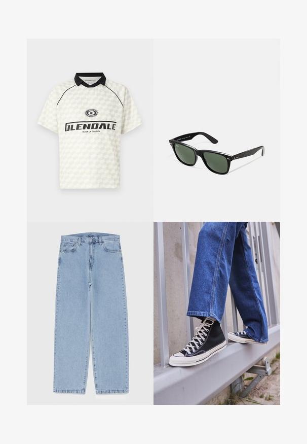Īsām piedurknēm polo krekls baltā krāsā ar ķekaru rakstu. Melna apkakle, akcentēta ar logotipu un tekstu "GLENDALE 91224 LA COUNTY".; Gai zila džinsu bikses ar taisnu kāju dizainu, kas piedāvā vidēju vidukļa augstumu, piecas kabatas un pogas un rāvējslēdzēja aizdari.; Melnas augstas kedas ar baltu zoli un auklām, apvienotas ar brīvām zilām džinsām, atpūšoties uz pelēka margotā balsta.; Melnas plastmasas saulesbrilles ar zaļiem lēciem, kvadrātveida rāmjiem, sudrabainu akcentu uz uzacīm un teksturētām tempļu kājām. Zīmols norādīts uz iekšējās kājas.