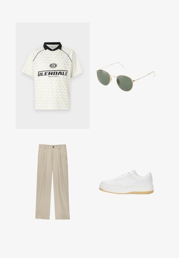 Polo majica kratkih rukava u bijeloj boji s kariranim uzorkom. Crna ovratnik, naglašena logotipom i tekstom "GLENDALE 91224 LA COUNTY".; Bež hlače ravnog kroja s jednim crnim gumbom, petljama za remen i bočnim džepovima. Glatka tekstura tkanine i minimalistički dizajn.; Bijele kožne tenisice s teksturiranim završetkom, s gumenim đonom, vezanjem i suptilnim prugastim akcentima sa strane.; Naocale za sunce s okvirom od zlata, zelenim staklima, okruglog oblika, tankim ručkama i bijelim plastičnim naglascima na vrhovima nogara.
