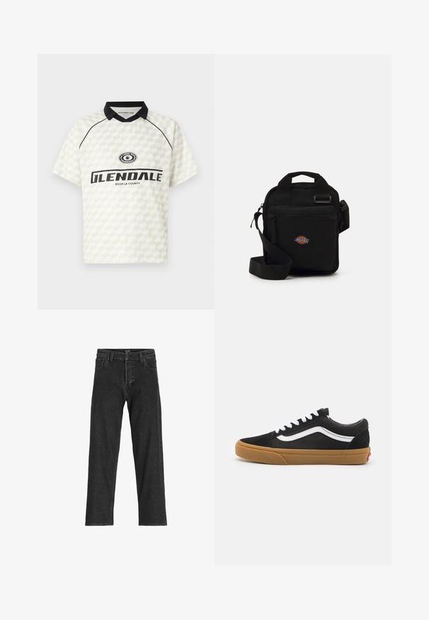 Kortærmet polo-shirt i hvid med ternet mønster. Sort krave, fremhævet med et logo og teksten "GLENDALE 91224 LA COUNTY".; Sorte denim jeans med lige ben-design, som har lynlås, bæltestropper og seks lommer, lavet af et robust bomuldsblandingsstof.; Sorte ruskind sneakers med hvid stribe på siden, hvide snørebånd og gummisål. Klassisk lavtopdesign med teksturerede detaljer og rund tå.; Sort crossbody taske med en lynlåslomme, rektangulær form, lavet af stof, med et logo patch på forsiden, justerbar skulderrem.