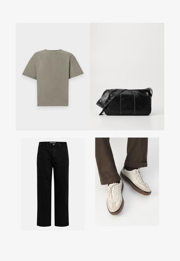 T-shirt de mangas curtas e decote redondo na cor verde suave. Feito de algodão macio com uma textura lisa e bordas limpas. Sem logótipos ou padrões visíveis.; Calças de ganga pretas com corte reto, design clássico de cinco bolsos e fecho de botão na cintura. Textura suave e tecido durável.; Tênis bege com frente em camurça texturizada, lados em couro liso e sola em borracha marrom. Inclui cadarços e detalhes de costura clara.; Bolsa de ombro em couro preto com fecho em zíper, apresentando um corpo texturizado, costura branca e uma alça com ilhós prateados.