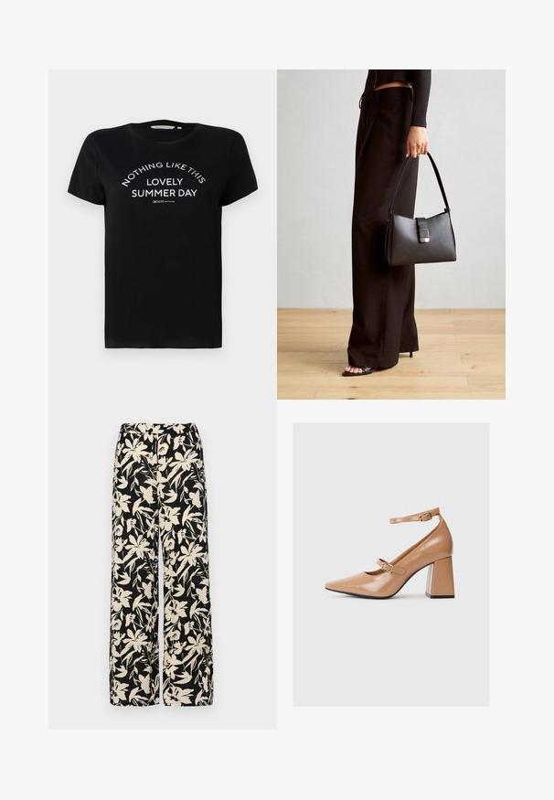 Must raske varrukatega must puuvillane T-särk, ümar kaelus ja valge trükitud tekst: "MITTE MIDAGI NII ILUSAT SUVEPÄEVA" kõveras paigutuses.; Mustad laiad püksid kreemja lillemustriga. Valmistatud kergest kangast, millel on sile tekstuur ja kõrge vöökoht.; Beež patendi nahast kõrged kontsad terava nina, pahkluu rihmaga ja paksu ruudukujulise kontsaga. Sile tekstuur ja läikiv viimistlus.; Must musta kott, millel on struktureeritud kuju, sile tekstuur ja metallist klamber. Kombineeritud laiate mustade pükstega ja avatud varvaste sandaalidega puidust põrandal.