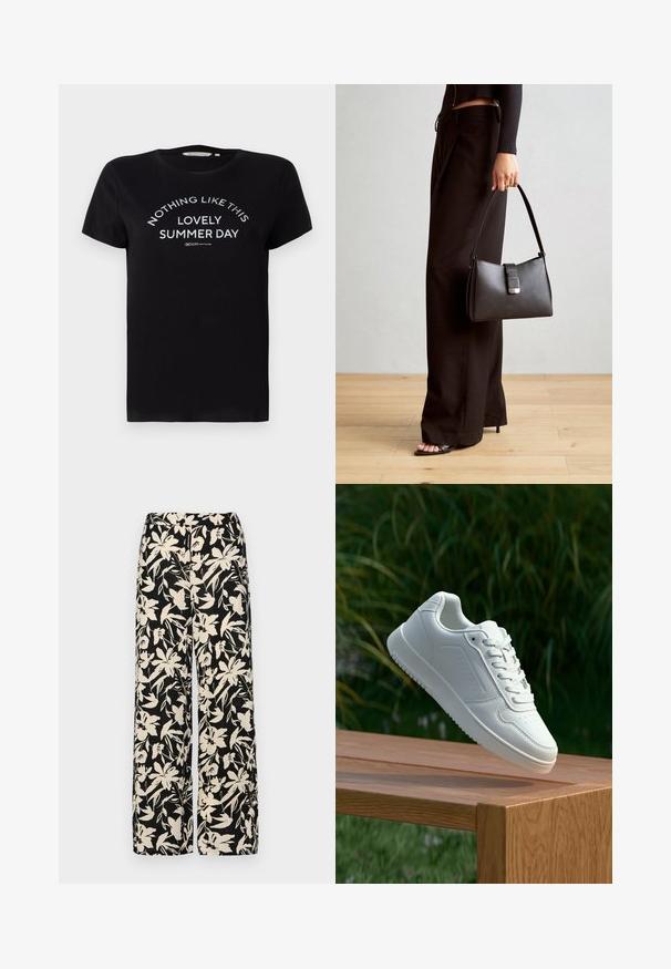 Svart bomull t-skjorte med kort erm, rund hals, og hvit trykt tekst: "INGEN SOM DENNE HERLIGE SOMMERDAGEN" i en buet arrangement.; Sorte vide bukser med et cremet blomster mønster. Fremstillet af letvægtsstof, med en glat tekstur og en høj talje.; Hvite sneakers med en glatt syntetisk overdel, perforert tåboks, flate snørebånd og en teksturert såle, vist på en treflate.; Svart håndveske med strukturert form, jevn tekstur og metallisk lås. Kombinert med brede svarte bukser og sandaler med åpen tå på tregulv.