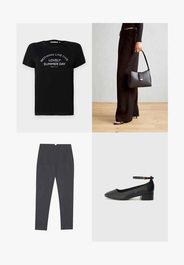 T-shirt de algodão preta com mangas curtas, gola redonda, e texto impresso em branco: "NADA COMO ESTE LINDO DIA DE VERÃO" disposto em uma forma curva.; Calças cinza-escuras ajustadas com bolsos laterais e pregas frontais, desenhadas para um ajuste sob medida.; Sandal de pele preta com bico pontiagudo e um salto bloco baixo. Apresenta uma tira no tornozelo com uma fivela em tom dourado. Textura suave.; Bolsa preta com forma estruturada, textura suave e um fecho metálico. Combinada com calças largas pretas e sandálias de salto aberto sobre um chão de madeira.