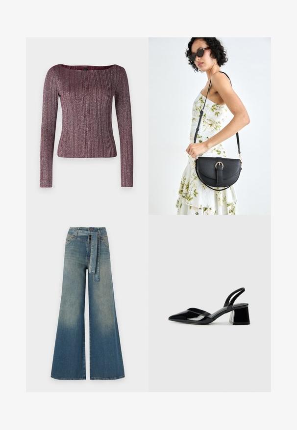 Burgundijas krāsas garām piedurknēm pieguļošs krekls ar plašu kakla izgriezumu, izgatavots no teksturēta adījumam līdzīga auduma ar metāliskām dzijām.; Platām kājām džinsu bikses ar gaismas līdz tumši zilam gradientam, augstu jostas līniju, jostas cilpām un atbilstošu auduma jostu. Tekstūrēts džinsas apdare.; Melna lakota āda ar atvērto papēdi, ar smailu purngalu un ģeometrisku blokpapēdi. Iezīmējas elegants, minimāls dizains un gluda tekstūra.; Melnas ādas rokassoma ar izliekta formu, noņemamu siksnu un zelta aksesuāriem. Somai ir vāciņš ar sprādzes detaļu.