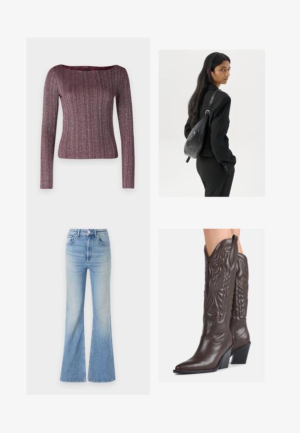 Burgunderfarget ribbestrikket langermet topp med vid hals, laget av teksturert strikket stoff med metalliske flekker.; Lyseblå flared jeans laget av denim, med høy midje, fem lommer og subtil gradient fading mot kanten.; Brune skinncowboystøvler med spiss tå og blokkhelt, med detaljerte sømmer og hevede detaljer på skaftet.; Kvinne med langt mørkt hår iført et svart jakkesett, som bærer en svart skinn skulderveske, og ser over skulderen mot en hvit bakgrunn.; Sølv hoops øredobber med en tvistet design, som har en polert finish og bakstøtte. Mål omtrent 3 cm i diameter.