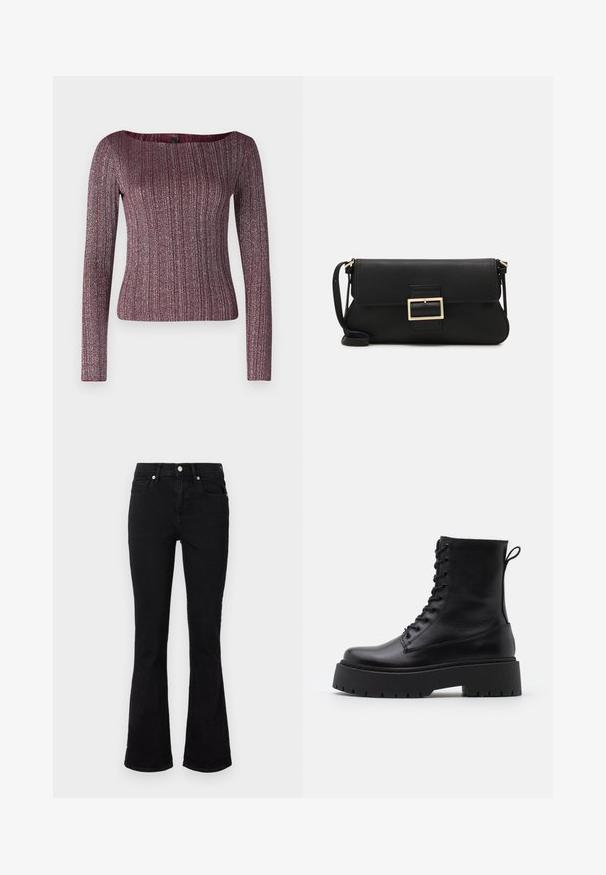 Burgundia pikkade varrukatega ribakujuline topp, millel on lai kaelus, valmistatud tekstuurses kudumiskangas, millel on metallsädelused.; Mustad flared teksasaapad, millel on keskmise tõusuga vöökoht, eesmine taskud ja nupplikuga kinnistus. Sile tekstuur minimaalse õmbluste detailidega.; Mustad mustad nahast pahkluu saapad ümarate varvastega, nööridega esiosas ja paksu kummist talla ning tekstuuritud mustriga. Tagumine tõmbeaas.; Must haben musta nahkklahviga kott, millel on klapp ja kuldne metallist pandla detail. Kaasas must rihm ja stiilne, minimalistlik disain.