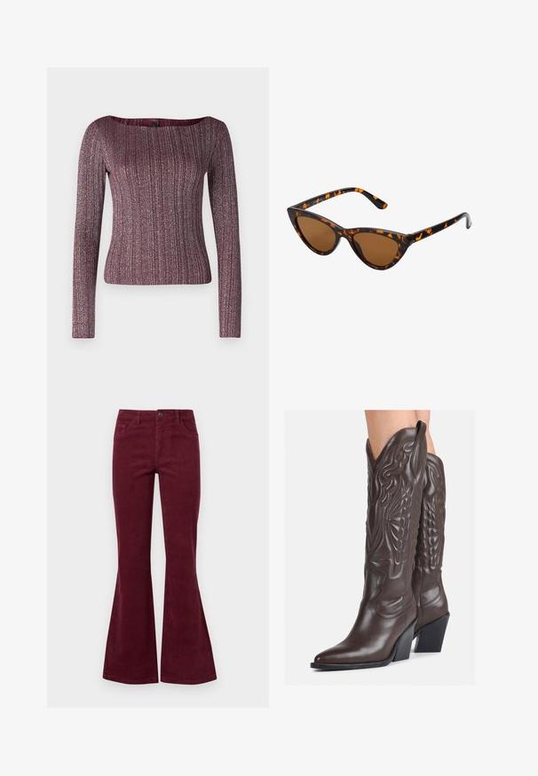 Burgundy long-sleeve ribbed top with a wide neckline, made of textured knit fabric featuring metallic flecks throughout.; Burgundy corduroy flared jeans with five pockets, a front button closure, and textured fabric. Flares extend from knee to hem.; Brown leather cowboy boots with pointed toe and block heel, featuring detailed stitching and raised accents on the shaft.; Cat-eye sunglasses with a black and orange tortoiseshell frame, brown lenses, and sleek, pointed tips. Features a minimal logo on the temple.; Small cream handbag with a textured finish, a long adjustable strap, a chain accent, and a flap closure. Gold hardware detailing.