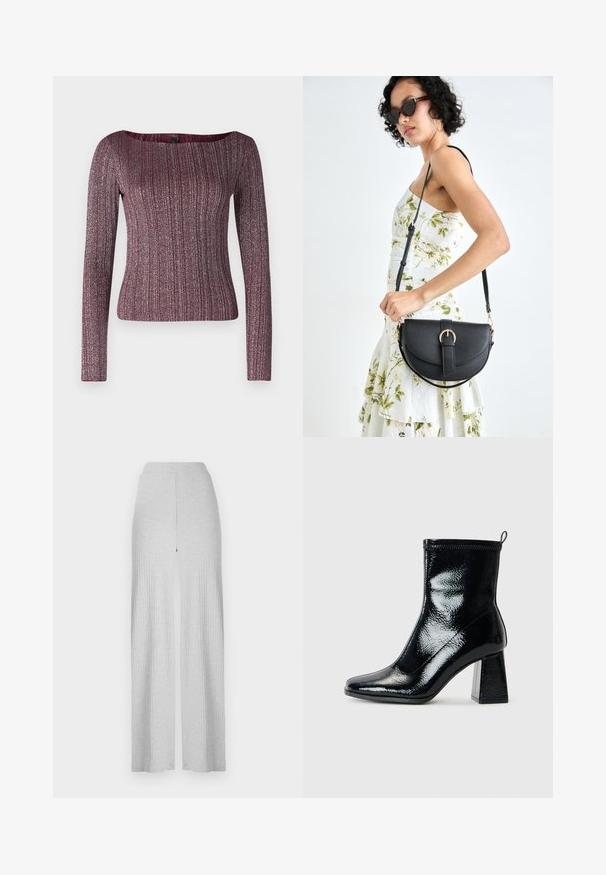 Camisola bordeaux de manga longa em malha canelada com um decote largo, feita de um tecido de malha texturizado com fios metálicos espalhados por toda a parte.; Calças largas em riscas cinza claro com uma cintura alta e uma fenda na frente. Feitas de um tecido suave com uma textura lisa.; Botim de tornozelo pretos em verniz com bico quadrado e salto geométrico robusto. Apresenta uma textura suave e brilhante, além de uma pega traseira para facilitar o calçar.; Bolsa de couro preta com forma curva, alça destacável e detalhes em dourado. A bolsa possui uma aba com detalhe de fivela.