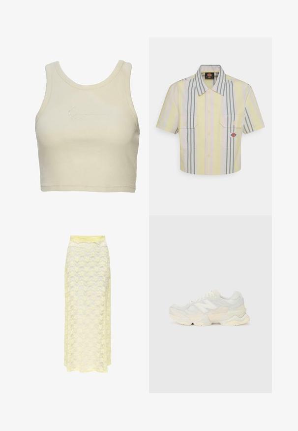 Top scurt din material moale de culoare crem, cu o textură ribotată și un logo brodat subtil pe față. Design minimalist.; Cămașă scurtă, cu mânecă scurtă, în galben deschis, cu dungi verticale verzi și pastel. Dispune de două buzunare pe piept și un patch cu logo pe buzunarul din stânga.; Fustă maxi galbenă din dantelă cu un model ondulat, având un tiv neted și o textură moale, transparentă. Proiectată pentru o siluetă fluidă.; Adidaș ușor, cu un superior din plasă și piele întoarsă în nuanțe de crem moale, cu o talpă groasă și accente tridimensionale.