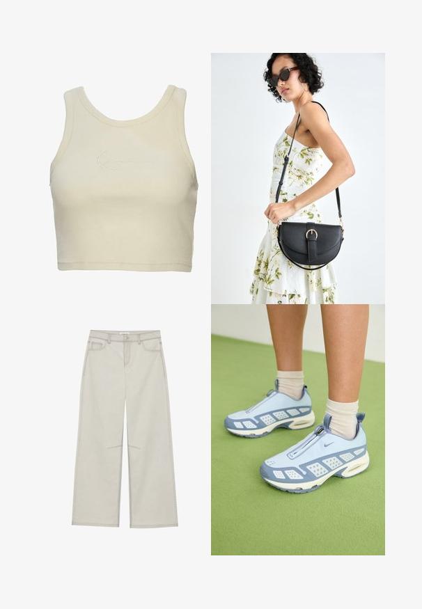 Korte tanktop i blød creamfarvet stof, med ribbet tekstur og et diskret broderet logo på forsiden. Minimalistisk design.; Lysegrå bredbenede bukser med fem lommer, frontknaplukning og kontrastsyninger langs sømmen. Stoffet ser blødt og slidstærkt ud.; Lysblå træningssko med hvide accenter, teksturerede paneler og lynlås lukning. Udstyret med en synlig støddæmpende sål og gummisål.; Sort læderhåndtaske med en buet form, aftagelig rem og guldfinish. Tasken har en klap med en spænde detalje.