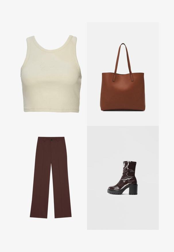 Cropped tank top in soft cream fabric, featuring a ribbed texture and a subtle embroidered logo on the front. Minimalist design.; Wide-leg trousers in a rich brown fabric. Features a button closure, two front pockets, smooth texture, and clean lines.; Glossy burgundy ankle boot with a chunky black heel, featuring a smooth texture and simple design. No visible fastenings or patterns.; Brown leather tote bag with a smooth texture, open top design, and two shoulder straps. Features minimal stitching and no visible hardware.