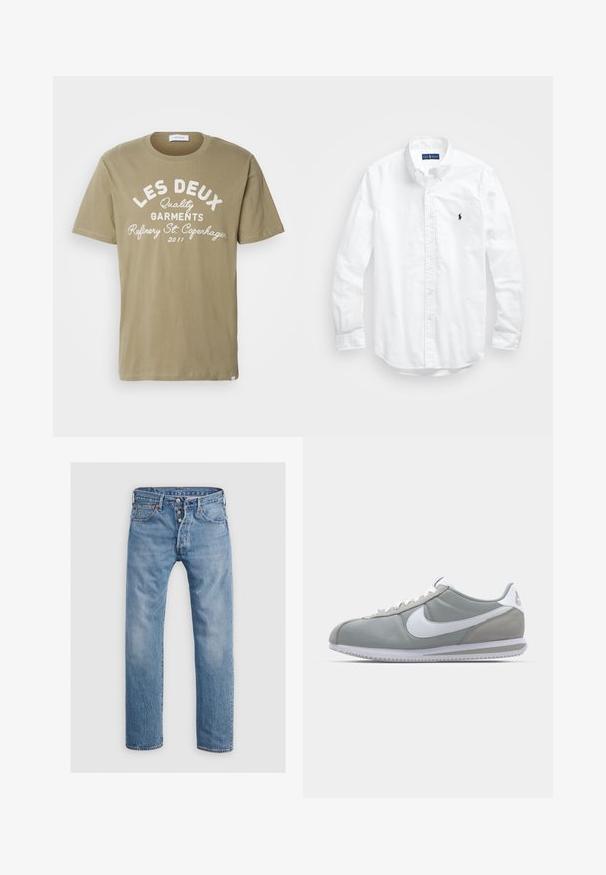 Camiseta de algodón verde oliva con cuello redondo, que presenta texto en blanco: "LES DEUX Quality Garments Refinery St. Copenhagen 2011." Textura suave.; Camisa blanca de manga larga de algodón con botones. Presenta un cuello clásico, puños con botones y un pequeño logo bordado en azul marino en el pecho.; Jeans de mezclilla azul claro con diseño de pierna recta, cinco bolsillos y cierre de botón. Presentan un ligero desgastado y acentos de costura.; Zapatilla deportiva gris con parte superior de ante y textil, swoosh blanco de Nike y cordones blancos. Presenta una suela de goma texturizada y un collar acolchado.