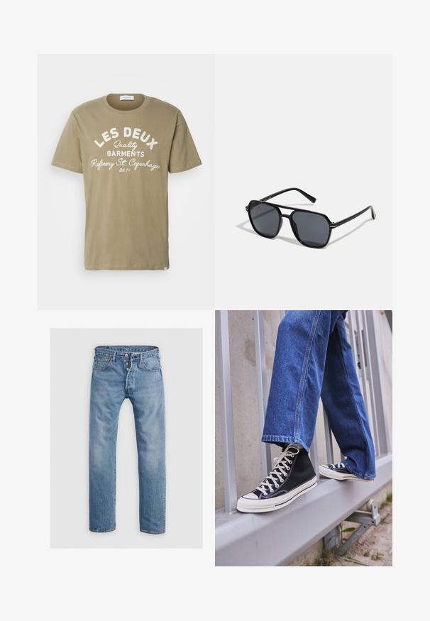 Oliivroheline puuvillane T-särk, millel on ümar kaelus ja valge kiri: "LES DEUX Quality Garments Refinery St. Copenhagen 2011." Pehme tekstuur.; Heledad sinised teksad sirge jala disainiga, viie tasku ja nööbist sulgemisega. Omab õrna pleekimist ja õmbluse aktsente.; Mustad mustade kõrgete tossudega, millel on valge tallaga ja valged paelad, koos vaba sinise denimidega, mis puhkavad hallil piiridel.; Mustad mustad prillid oktaalpäistega, tumedad läätsed, läikiv viimistlus, õhukesed templid ja kuldsed aktsendid ees.