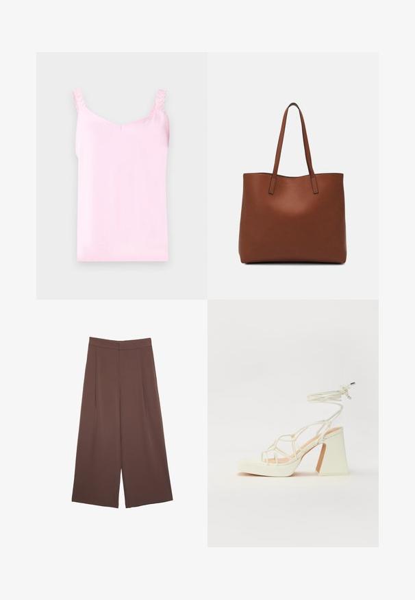 Svetlo roza majica s čipkastimi naramnicami v obliki valov, s V-izrezom, gladko teksturo in sproščenim krojem.; Rjave široke hlače z gladko teksturo, ki imajo visok pas in sprednje naborke. Tkanina je lahka in prosto pada.; Bela sandala na visokih petah s debelim petam, ki ima obliko trakcev in vezanje okoli gležnja. Gladka tekstura z platformo spredaj za dodatno višino.; Rjava usnjena torba z gladko teksturo, odprto zasnovo zgoraj in dvema naramnima trakovoma. Opremljena je z minimalnim šivanjem in brez vidnih kovinskih delov.