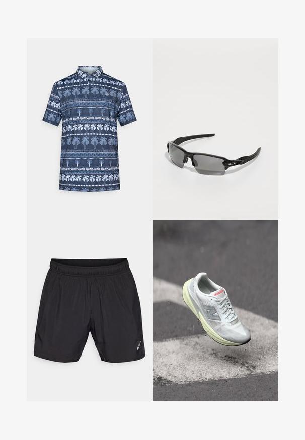 Námořnické polo tričko s bílým vzorem palmových stromů, krátké rukávy a límec. Významné detaily zahrnují dekorativní linky a akcenty.; Černé sportovní šortky vyrobené z lehkého materiálu, s elastickým pasem a malým logem v dolním levém rohu.; Lehká běžecká obuv s bílým síťovým svrškem, žlutou mezipodešví a šedými akcenty. Disponuje výrazným logem ‚N‘ a texturovaným povrchem.; Černé sportovní sluneční brýle s šedými skly, zakřiveným rámem a detailním logem na boku. Vyrobené z lehkého plastového materiálu.