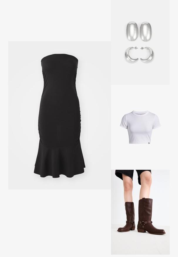 Camiseta corta de manga corta blanca con cuello redondo y pequeña etiqueta de logo negra en el dobladillo inferior.; Vestido negro sin mangas hecho de un tejido elástico, con fruncidos a lo largo de los lados y un dobladillo acampanado. Textura suave con una silueta ajustada.; Botas de cuero marrón hasta la rodilla con punta redonda, superficie texturizada, correa en el tobillo y detalles de hardware plateado; tacón apilado.; Conjunto de aretes de color plateado: dos pendientes ovalados y dos aros en forma de media luna, con un acabado brillante y suave y un diseño redondeado.