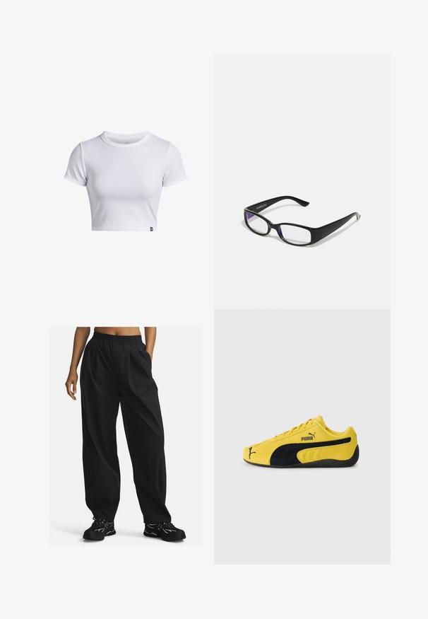 Camiseta corta de manga corta blanca con cuello redondo y pequeña etiqueta de logo negra en el dobladillo inferior.; Pantalones negros de corte holgado, fabricados en tejido ligero con cinturilla elástica, que cuentan con bolsillos laterales y una textura suave.; Zapatillas de ante amarillas con acentos de ante negro. Presentan una suela texturizada, diseño de cordones y el logo de Puma en el costado y la lengüeta.; Gafas rectangulares negras con lentes transparentes. Acabado brillante, varillas estrechas y tinte púrpura visible en los bordes de los lentes.; Bolso de denim azul oscuro con forma redondeada, múltiples bolsillos exteriores, correa ajustable y detalles de metal plateado. Incluye un asa superior.; Collar de cadena de plata con un colgante de cruz pulida. La cadena es delicada y la cruz tiene un diseño elegante y minimalista.