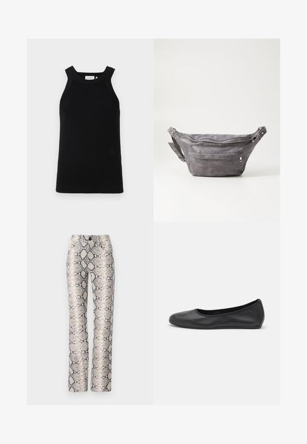 Čierny rebrový top bez rukávov s širokými ramienkami, s okrúhlym výstrihom a malým embosovaným logom na spodku.; Nohavice s hadím vzorom v béžovej a šedej farebnej schéme. Rovný strih s textúrovaným povrchom a prednými vreckami. Zatváranie na gombík.; Čierne kožené baleríny s okrúhlou špičkou, hladkým povrchom, minimálnym prešívaním a flexibilným dizajnom podrážky.; Sivá semišová ľadvinka s okrúhlym tvarom, dvoma zipsovými priehradkami a nastaviteľným popruhom. Obsahuje kovové prvky.