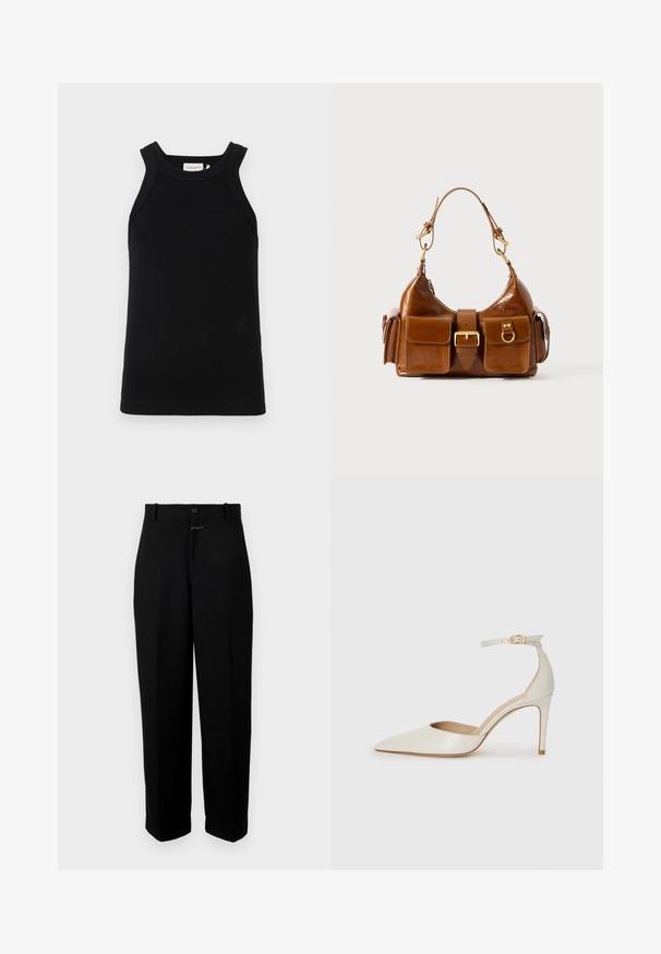 Top negru din material ribbed, cu bretele late, având un guler rotund și un detaliu mic cu logo embosat în partea de jos.; Pantaloni negri dintr-un material neted, cu închidere cu nasture, bucle pentru curea și un design drept.; Pantofii înalți din piele albă, cu vârf ascuțit, curea la gleznă și toc subțire de tip stiletto. Textură netedă cu un finisaj subtil lucios.; Geantă de mână din piele maro, cu o formă curbată, accesorii din metal auriu dual, două buzunare frontale și o curea lată. Textură netedă cu un finisaj elegant.