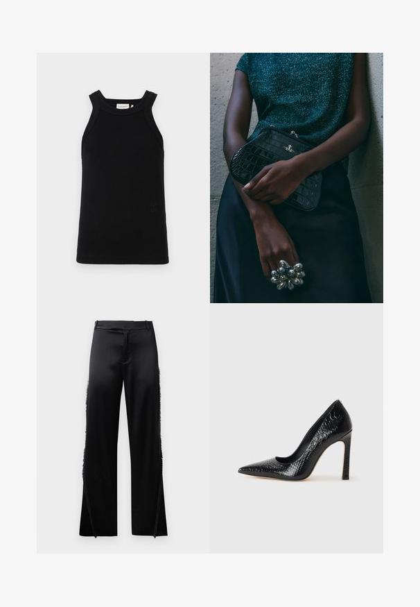 Black ribbed tank top with wide shoulder straps, featuring a rounded neckline and a small embossed logo detail at the bottom.; Black satin pants with wide legs, featuring fringe details along the side seams and a flat front waistband. Plain back without pockets.; Black pointed-toe high heel shoe with a crocodile-skin texture, featuring a sleek design, high stiletto heel, and smooth black interior.; Black crocodile-patterned clutch bag with silver hardware, held against a textured gray background. Features a shiny surface.