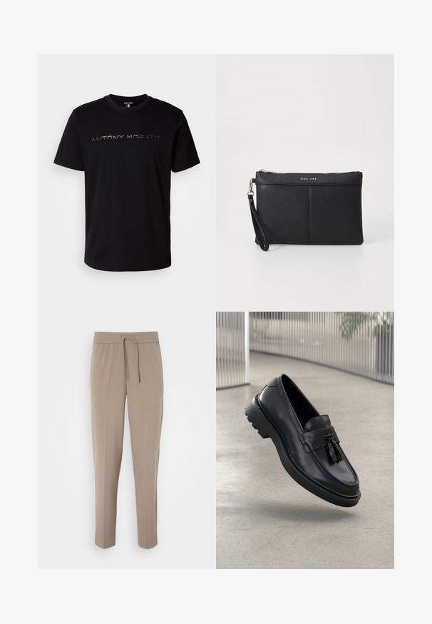 Fekete pamut póló kerek nyakú kivitelben, fényes logónyomattal, amely a "ANTONY MORATO" feliratot viseli a mellrészen.; Világos bézs nadrág, rugalmas derékkal, állítható húzózsinórral és tapered lábakkal. Az anyag simának tűnik, enyhe fénylással.; Fekete bőrből készült mokaszinok sima felülettel, díszes bojttal, vastag gumitalppal és varrott részletekkel. Könnyű és elegáns kialakítás.; Fekete szintetikus pénztárca cipzárral, csuklópánttal és sima felülettel. Finom varrás és a logó dombornyomott a fronton.