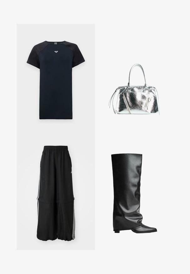 Korte mouwen marineblauw T-shirt met zwarte raglanmouwen, een gladde textuur en een centraal logo. Heeft een ronde halslijn en eenRelaxte pasvorm.; Witte kanten bodysuit met lange mouwen, featuring een geweven patroon en een laag rugontwerp, taps toelopend naar een hoge beenopening.; Zwarte sportieve broek met een elastische tailleband, zijkanten met strepen en een losse pasvorm met een gathered zoom voor een vloeiende uitstraling.; Zwarte leren laarzen tot de knie met een gladde textuur, een slonzek ontwerp, puntige neus en een lage vierkante hak. Minimalistische stijl zonder zichtbare hardware.; Metalen zilveren handtas met een gestructureerde vorm, twee bovenhandvaten en ritszakken aan de voorkant. Gladde, glanzende textuur.
