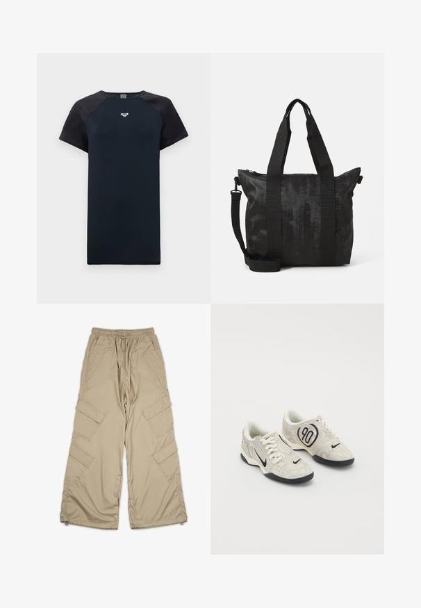 Rövid ujjú sötétkék póló fekete raglan ujjakkal, sima textúrával és középen elhelyezkedő logóval. Jellemzője a kerek nyakkivágás és a kényelmes fazon.; Beige cargo nadrág, állítható derékkal, több oldalsó zsebbel és laza szabással. Könnyű, sima anyagból készült, varrási részletekkel.; Nike sneaker bézs és szürke textúrával ellátott felsőrésszel, fekete kiegészítőkkel, egy nagy "90" logóval és fehér fűzős záródással. Fekete talp.; Fekete tote táska texturált anyagból, dupla felső fogantyúval és levehető vállpánttal. Zippzáras záródással biztosítja a biztonságos tárolást.