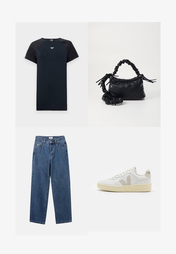 Short-sleeve navy t-shirt with black raglan sleeves, smooth texture, and a central logo. Features a crew neckline and relaxed fit.; Classic blue denim jeans with a straight-leg design, five pockets, and a button closure. Features a medium wash and sturdy texture.; White leather sneaker with beige suede accents, perforated toe box, flat laces, and a textured cream sole. Features subtle branding on heel.; Black faux leather handbag with a crocodile texture, cinched top, and a scrunched strap. Appears soft and compact in design.