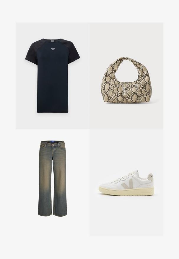 Mørkeblå t-skjorte med korte ermer og svarte raglanermer, glatt tekstur og en sentral logo. Den har rund hals og en avslappet passform.; Viddebukser i blå denim med en lys til mørk gradient, fem-lommer design og knappestolpe. Sømdetaljer på kantene.; Hvite lær sneakers med beige semsket detaljer, perforert tåboks, flate lisser og en teksturert kremfarget såle. Har subtil branding på hælen.; Veske med slangeskinnmønster og krummet håndtak. Laget av teksturerte, beige og brune materialer, med et særegent diamantmønster.