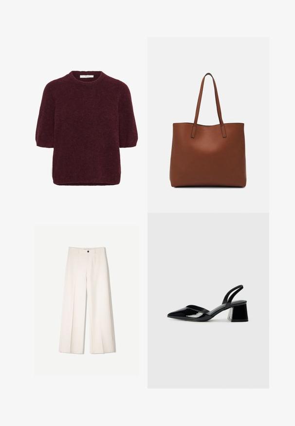 Short-sleeve, dark red fuzzy sweater with a round neckline, made by Gestuz, displayed against a white background.; Cream wide-leg trousers with a tailored design, featuring two front pockets and a single front button closure, made from smooth fabric.; Black patent leather slingback heels with a pointed toe and a geometric block heel. Features a sleek, minimal design and smooth texture.; Brown leather tote bag with a smooth texture, open top design, and two shoulder straps. Features minimal stitching and no visible hardware.