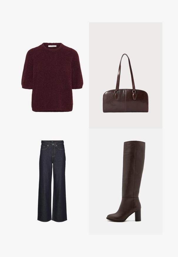 Krátký rukáv, tmavě červený huňatý svetr s kulatým výstřihem, vyrobený značkou Gestuz, vystavený na bílém pozadí.; Džíny s vysokým pasem a širokými nohavicemi ve tmavém denimovém provedení. Obsahují klasické švy, pět kapes a zapínání na knoflík v přední části.; Hnědá kožená vysoká bota po kolena s blokovým podpatkem, hladkým povrchem, zaoblenou špičkou a minimálními švy.; Hnědá kožená kabelka s dvěma dlouhými uchy, strukturovaným obdélníkovým tvarem, hladkou texturou a zaoblenými hranami. Obsahuje dekorativní detaily na uších.