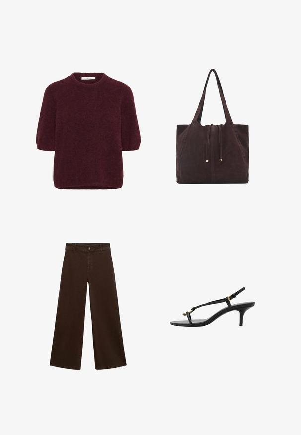 Kratek rokav, temno rdeč puhast pulover z okroglim izrezom, izdelan s strani Gestuz, prikazan na beli podlagi.; Rjave široke hlače iz mešanice bombaža, z raztrganim robom, sprednjim gumbom in klasičnim dizajnom s petimi žepi. Minimalistične in vsestranske.; Črne usnjene sandale s kitten peto, tankimi trakovi, zlate zaponke in minimalistično zanko za prste na beli podlagi.; Mango Torba za nakupovanje - dark brown