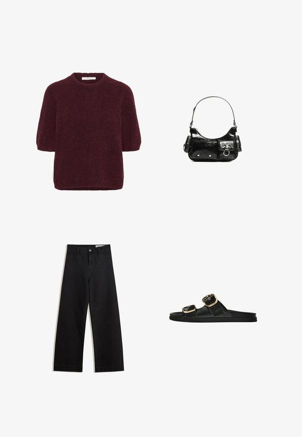 Lyhythihainen, tummanpunainen pörröinen neule, jossa on pyöreä pääntie, valmistettu merkiltä Gestuz, esillä valkoista taustaa vasten.; Mustat leveät farkut korkealla vyötäröllä, joissa on etu- ja takataskut, ommellut saumat ja nappisuljenta. Silkinoinen rakenne.; Musta liukusandaali, jossa on kaksi kultaisesta solkesta tehtyä korostusta, sileäpintainen materiaali, litteä pohja ja minimalistinen muotoilu.; Mustekko mustasta kiiltonahasta valmistettu käsilaukku, jossa on kaareva muoto, yksi olkahihna, etutaskut ja hopeanväriset yksityiskohdat.