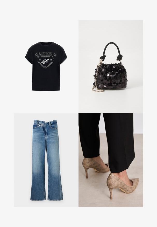 T-shirt di cotone nero con maniche arrotolate, caratterizzata da una stampa grafica bianca con la scritta "GUESS CALIFORNIA" e stelle, al centro con "LA" in un font stilizzato.; Jeans a zampa d'elefante in denim blu chiaro con vita alta, dotati di due bottoni e tasche frontali. Il tessuto ha una texture sbiadita con variazioni sottili.; Scarpe con tacco alto beige in tessuto testurizzato con un motivo ripetuto. Design con punta appuntita e dettaglio dorato sul tacco.; Mini borsa a tracolla nera in paillettes con una tracolla texturizzata annodata e catena argentata. Forma rotonda con parte superiore arricciata e dettagli riflettenti.