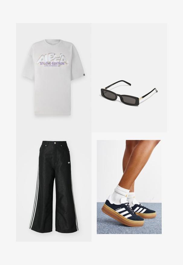 T-shirt branco de manga curta com decote redondo, apresentando um logótipo brilhante e multicolorido "ALPHA STUDIO EDITION" na parte da frente.; Calças de denim largas pretas com três riscas brancas em cada lado e um pequeno logótipo branco. Apresenta bolsos frontais e um fecho de botão.; Ténis de camurça preta com riscas e detalhes brancos, biqueira arredondada, sola em borracha cor de goma, combinados com meias brancas caneladas até à altura do tornozelo.; Óculos de sol retangulares pretos com lentes escuras, armações de plástico brilhante e detalhes em dourado nas templetas. Design minimalista e forma elegante.