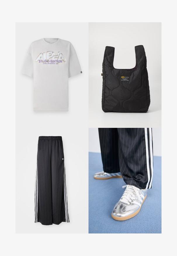 Weißes kurzärmliges T-Shirt mit Rundhalsausschnitt, auf dessen Vorderseite ein glänzendes, mehrfarbiges "ALPHA STUDIO EDITION" Logo prangt.; Schwarzfarbene, weit geschnittene Hosen mit vertikalen weißen Streifen, elastischem Bund und drei weißen Streifen an der Seite. Adidas-Logo auf der Vorderseite.; Metallisch silberne Sneaker mit weißen Schnürsenkeln und drei weißen Streifen, kombiniert mit schwarzen Nadelstreifen-Hosen. Gummisohle am Boden.; Schwarze gesteppte Tragetasche mit großer Öffnung, gewellten Formen auf der Oberfläche und einem Etikett mit gelber und weißer Schrift auf der Vorderseite.; Silberne Creolen mit einem polierten Finish, die ein kreisförmiges Design und nahtlose Scharniere aufweisen und eine glatte Textur präsentieren.
