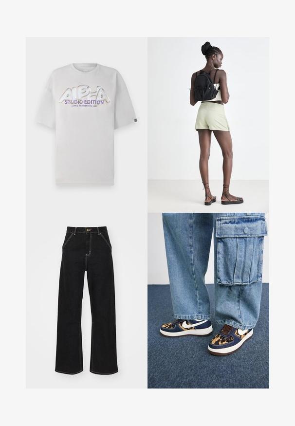 Valge lühikeste varrukatega t-särk ümmarguse kaelusega, millel on läikiv, mitmevärviline "ALPHA STUDIO EDITION" logo ees.; Mustmustest mustadest denimist, millel on kontrastsed valged õmblused ja esine nupp, kahe nurga all asuva esipocketiga.; Tumed sinised tennised leopardimustriga aktsentide, valge Nike logoga, pruunide paelte ja valge vaheosaga. Kombineeritud heledate denimpükstega.; Mustmustööde must nööriga seljakott, helesinised lühikesed püksid, beež topp ja mustad rihmadega sandaalid. Mudel poseerib seljaga kergelt heleda tausta ees.