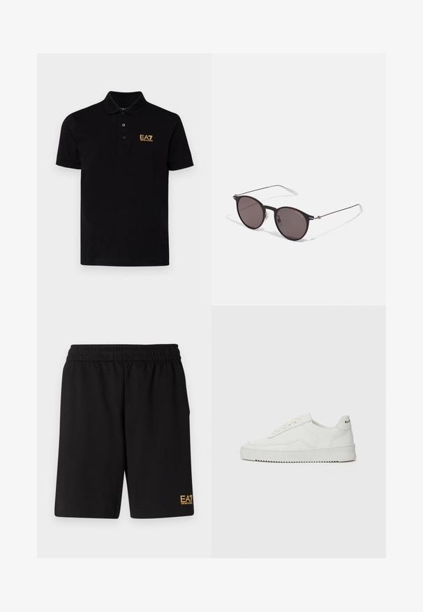 Mustat poolopaidat, jotka on valmistettu puuvillasta ja joissa on klassinen kaulus. Paita sisältää kolme nappia kauluksessa ja kultainen EA7-logo vasemmassa rinnassa.; Mustat urheilushortsit, jotka on valmistettu pehmeästä kankaasta. Kengissä on joustava vyötärönauha ja pieni keltainen EA7-logo vasemmassa alakulmassa.; Valkoinen nahkakenkä, jossa on sileä pinta, pyöreä kärki, tasaiset nauhat ja teksturoitu pohja. Sisältää huomaamattoman logon kantapäässä.; Musta pyöreä aurinkolasit tummilla linsseillä ja kapeilla metallikehyksillä. Sisältää kirkkaat temppelet ja hopeiset yksityiskohdat saranassa. Minimalistinen muotoilu.