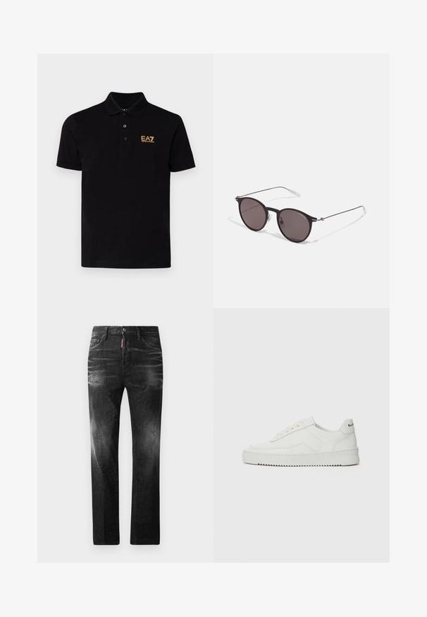 Fekete pólóing, pamutból készült, klasszikus gallérral, három gombbal a nyakán és egy arany EA7 logóval a bal mellrészen.; Fekete farmernadrág egyenes szabással. Fakadó területek, kisebb kopások, klasszikus öt zsebes kialakítás és gombos zárás jellemzi.; Fehér bőr sportcipő sima felülettel, kerek orral, lapos fűzőkkel és texturált talppal. Finom logó található a sarokon.; Fekete kerek napszemüveg sötét lencsékkel és karcsú fém szárakkal. Átlátszó szárvégeket és ezüst részleteket tartalmaz az ívnél. Minimalista dizájn.