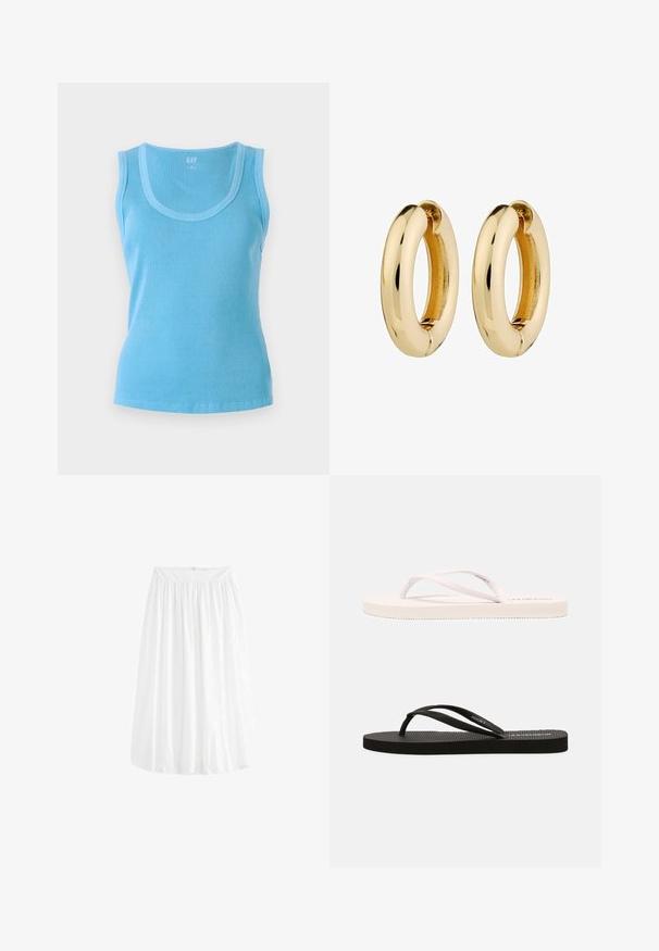 Jasnoniebieski prążkowany top na ramiączkach z zaokrąglonym dekoltem i bez rękawów. Wykonany z dzianiny, o dopasowanej sylwetce i czystym wykończeniu.; Biała spódnica do kolan wykonana z lekkiego materiału. Posiada elastyczny pas, który umożliwia dopasowanie, oraz miękkie drapowanie.; Białe i czarne gumowe klapki z teksturowanym wkładem, cienkimi paskami i kontrastującymi kolorami. Każda para ma prosty design i minimalne oznaczenia marki.; Złote kolczyki w kształcie kół z gładką, polerowaną powierzchnią i zaokrąglonym kształtem. Wewnętrzna krawędź ma subtelny detal w formie szczeliny do zapięcia.