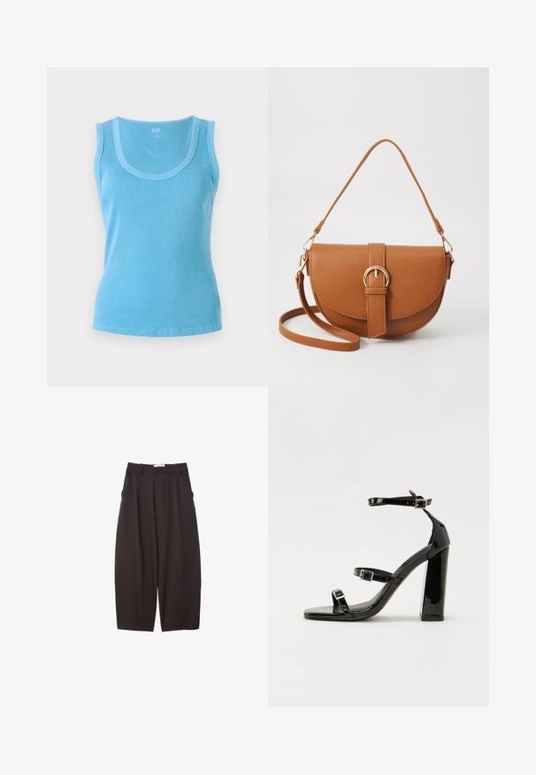 Vaaleansininen ribbineuleinen hihaton toppi, jossa on kaareva pääntie. Valmistettu neulottusta kankaasta, jolla on tiivis siluetti ja siisti helma.; Mustat leveälahkeiset housut, jotka on valmistettu sileästä kankaasta. Niissä on korkea vyötärö, etupleatsit ja sivutaskut. Yksinkertainen muotoilu ilman koristeita.; Musta kiiltäväpintainen korkokengät, joissa on kaksi solkikiinnitystä, neliönmuotoinen kärki ja paksu korko, sileällä, kiiltävällä pintarakenteella.; Ruskean nahkainen olkalaukku, jossa on kaareva muoto, kultaiset yksityiskohdat ja solkiyksityiskohta. Varustettu irrotettavalla olkahihnalla.