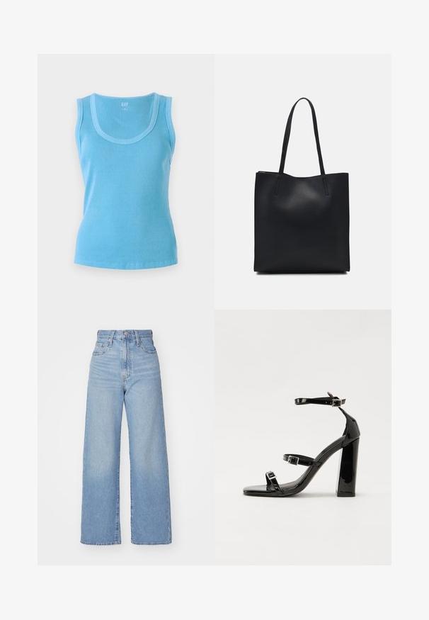 Camisola regata azul clara com decote curvo e design sem mangas. Feita em tecido de malha com silhueta ajustada e bainha limpa.; Jeans de cintura alta e perna larga em azul claro, com fecho frontal de botão e zíper, bolsos frontais e traseiros, sobre um fundo branco.; Sandálias de tacão preto laqueadas com bico quadrado, tiras para o tornozelo e fivelas prateadas. Apresentam um salto bloco chunky para estabilidade.; Bolsa tote preta em couro com textura lisa, forma retangular e duas alças longas. Sem hardware ou enfeites visíveis.