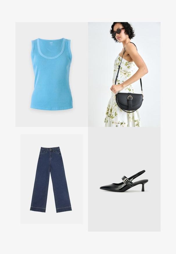 Light blue ribbed tank top with a curved neckline and sleeveless design. Made of knit fabric with a fitted silhouette and clean hem.; Wide-leg jeans in dark blue denim. Features five pockets, belt loops, and a raw hem at the bottom with visible stitching details.; Black patent leather slingback heels with a pointed toe and a small block heel, featuring a silver buckle accent on the strap.; Black leather handbag with a curved shape, detachable strap, and gold hardware. The bag features a flap with a buckle detail.