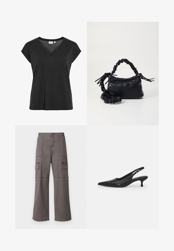 Svart T-skjorte med V-hals og cap-ærmer, laget av mykt materiale, med en avslappet passform og minimale sømdetaljer.; Grå cargobukser laget av bomull med et bredt ben-design, med to frontlommer, to sidelommer og synlige sømdetaljer.; Svart lær slingback sko med spiss tå og smal, buet hæl. Har en diskret justerbar rem med en metallspenne.; Svart faux skinn-håndveske med krokodilletekstur, strammet topp og en rynket stropp. Ser myk og kompakt ut i designen.