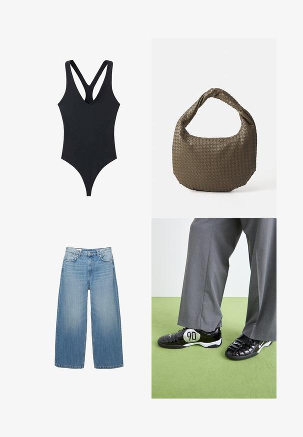 Črn enodelni kopalniški kostim z globokim V-izrezom in prečnimi naramnicami. Narejen iz gladkega materiala z eleganco in oprijetim krojem.; Svetlo modra srajca z dolgimi rokavi, s ovratnikom na gumb in enim žepom na prsih, ter sproščenim krojem. Gladka tekstura materiala in klasičen dizajn.; Svijetloplave široke traperice napravljene odDenima, s klasičnim dizajnom pet džepova i zatvaranjem na gumbe. Ispucala tekstura kroz cijelu površinu.; Črne patenten usnjeni športni copati z srebrnim detajlom "90", s teksturirano površino in vezalkami, v kombinaciji z sivimi širokimi hlačami.; Tkanina olivno zelena torba z okroglo obliko in zvitim ročajem. Tekstura površine vsebuje diagonalni vzorec. Zadrga za zapiranje.