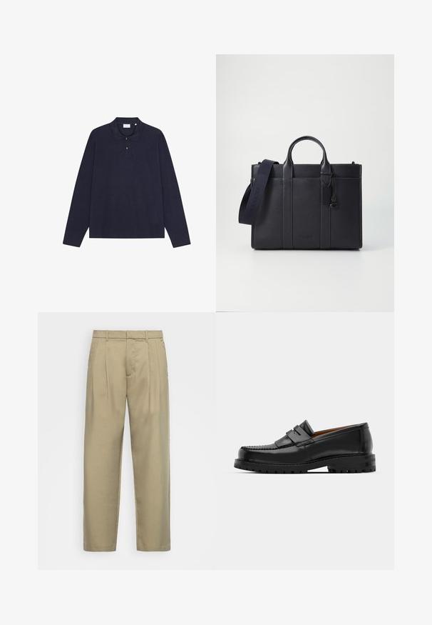 Camisa polo de algodão de manga longa na cor azul-marinho, com colarinho, apresentando fecho de três botões e uma textura simples. Sem padrões ou detalhes visíveis.; Calças bejas de cintura alta com corte reto, apresentando uma frente lisa, bolsos laterais e um tecido suave e texturizado.; Os mocassins de couro preto apresentam uma costura elevada, duas tiras decorativas na parte superior e uma sola grossa e texturizada para maior aderência.; Pasta de couro azul-marinho escura com alças superiores duplas e uma alça destacável. Apresenta um acabamento texturizado, costura vertical e detalhe do logotipo.