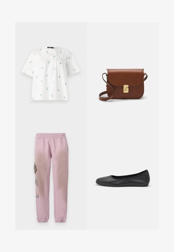 WEEKEND MaxMara EDITTA - Camiseta estampada - white; Pantalones de chándal rosas con cintura elástica, que presentan parches decorativos en forma de diamante en el lado izquierdo y puños elásticos en los tobillos.; Bailarina de piel negra con punta redondeada, textura suave, detalle de costura minimalista y diseño de suela flexible.; Bolso de mano de cuero marrón con cierre de solapa, herrajes en tono dorado, correa para el hombro y una textura suave. Forma rectangular compacta.