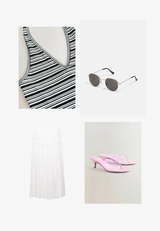 Gestreift ärmelloses Oberteil mit schwarz-weißen horizontalen Streifen, V-Ausschnitt, Rippstruktur und kontrastierenden Kanten.; Weiße, gestufte Rock aus leichtem Stoff, mit einem dehnbaren Bund, Rüschenschichten und einem fließenden Design, das bis zur Mitte der Wade reicht.; Rosa Absatzsandalen mit gläzendem Finish, die ein Zehensteg-Design und einen schmalen, metallischen Absatz aufweisen. Glatte Textur und minimalistischer Stil.; Runde Sonnenbrillen mit dunklen Gläsern, dünnem goldfarbenem Metallrahmen, Kunststoff-Tempelenden und verstellbaren Nasenpads. Minimalistisches Design mit klassischem Look.